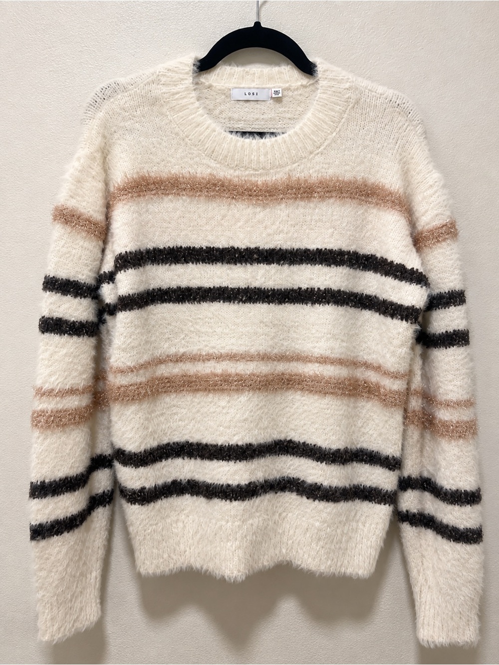 Lush Cream Fuzzy Crewneck Sweater with Black and Tan Stripes